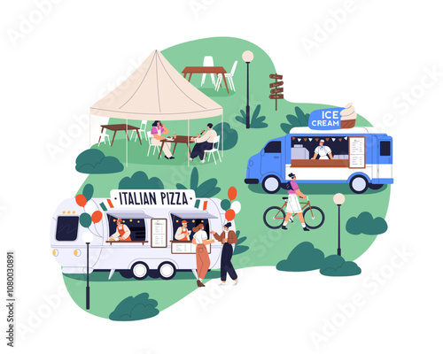 Street fast food trucks, cafe vans in city park. Tiny people eating pizza and ice-cream outdoors on summer holiday. Catering caravans in nature. Flat vector illustration isolated on white background