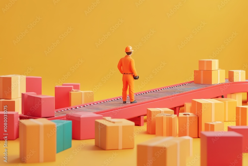 A man in an orange jumpsuit is walking on a conveyor belt next to a pile of boxe A man in an orange jumpsuit is walking on a conveyor belt next to a pile of boxe