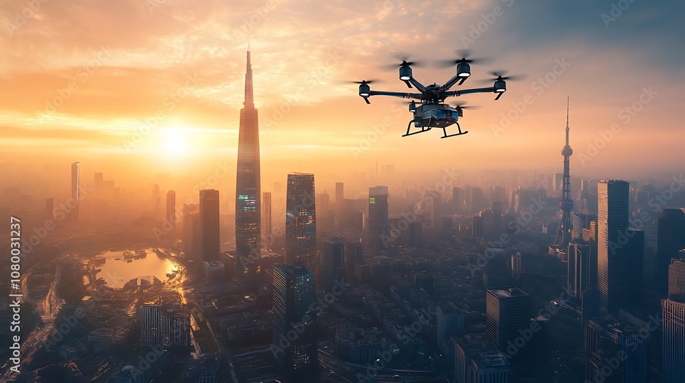 Futuristic city with towering skyscrapers and flying vehicles at sunset Futuristic city with towering skyscrapers and flying vehicles at sunset