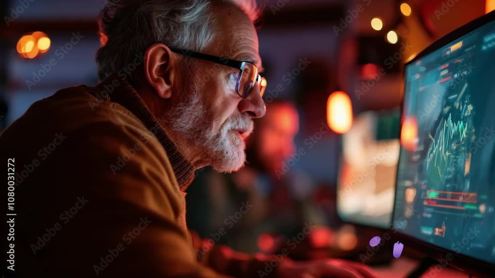 Elderly man engaged in gaming at home, wearing glasses, focused on screen surrounded by vibrant lights, showcasing interest in technology and digital entertainment. Elderly man engaged in gaming at home, wearing glasses, focused on screen surrounded by vibrant lights, showcasing interest in technology and digital entertainment.