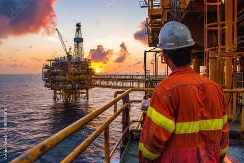 Offshore Oil Rig Worker Sunset Industrial Marine Engineering Safety Gear Energy Production High-Resolution Photography