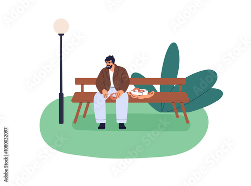 Man sitting alone on bench in park, enjoying street fast food, break, leisure time outdoors. Single person eating snack box, donuts in nature. Flat vector illustration isolated on white background