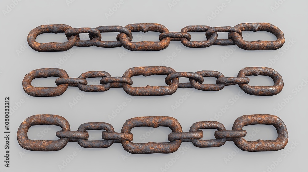 Detailed image of three rusty metal chains, ideal for industrial, nautical, or historical themes, capturing an aged and rugged aesthetic. Detailed image of three rusty metal chains, ideal for industrial, nautical, or historical themes, capturing an aged and rugged aesthetic.