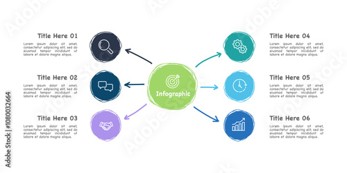 6 Process infographic arrow with circle design template. Diagram, Plan, Annual Report, Presentation, and Organization. Vector illustration.