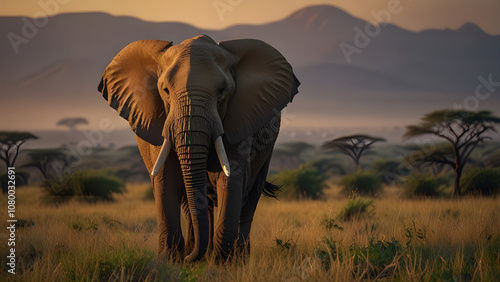 Majestic African Elephant in Grassy Savanna with Tusks at Golden Hour Captured in Ultra Realistic Wildlife Photography - Generated by AI.