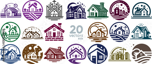 Collection unique vector house icons with various architectural in a minimalistic clean line art format