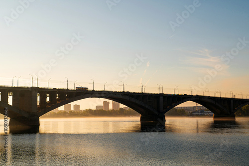 communal bridge over the Yenisei River in Krasnoyarsk at dawn