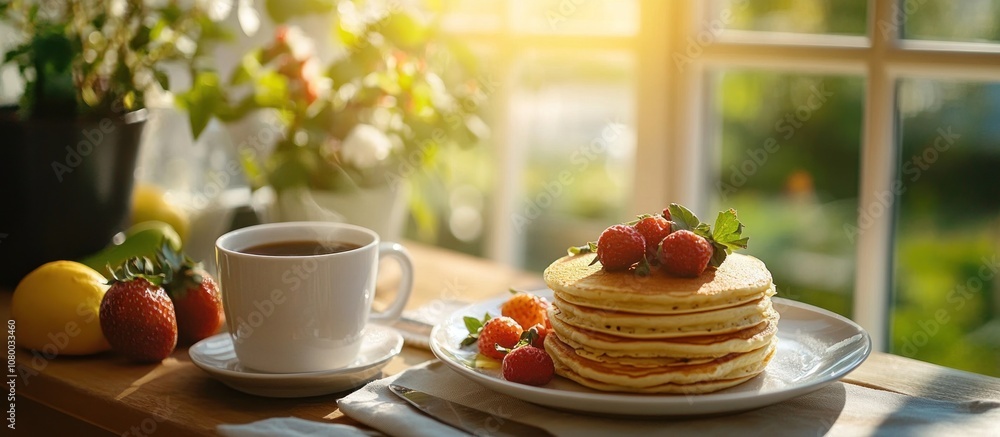 A cup of coffee, pancakes, and strawberries on a sunny morning by the window. A cup of coffee, pancakes, and strawberries on a sunny morning by the window.