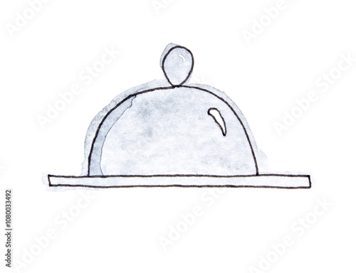 Minimalist watercolor illustration of a cloche serving plate with handle in soft blue tones.