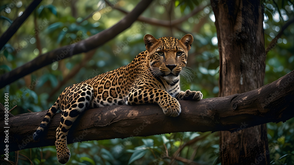 Obraz premium Leopard Resting on Jungle Tree Branch with Golden-Spotted Coat and Piercing Eyes in Late Afternoon - Generated by AI.