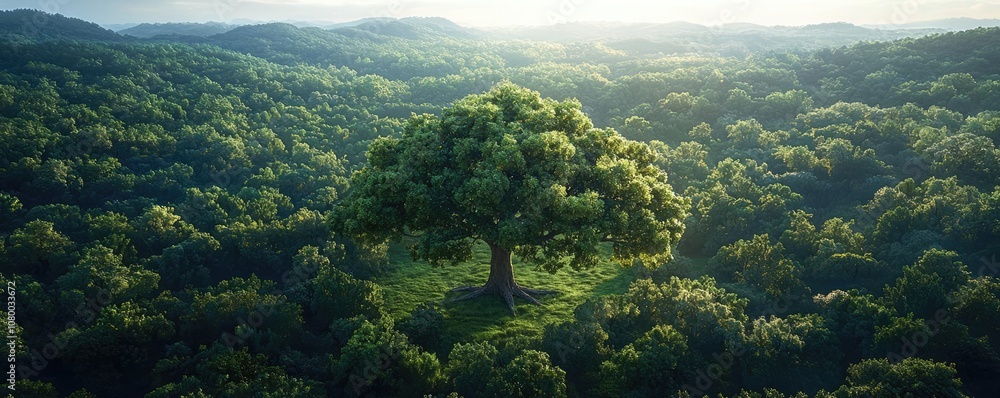 A majestic tree stands alone amidst a vibrant green landscape. A majestic tree stands alone amidst a vibrant green landscape.