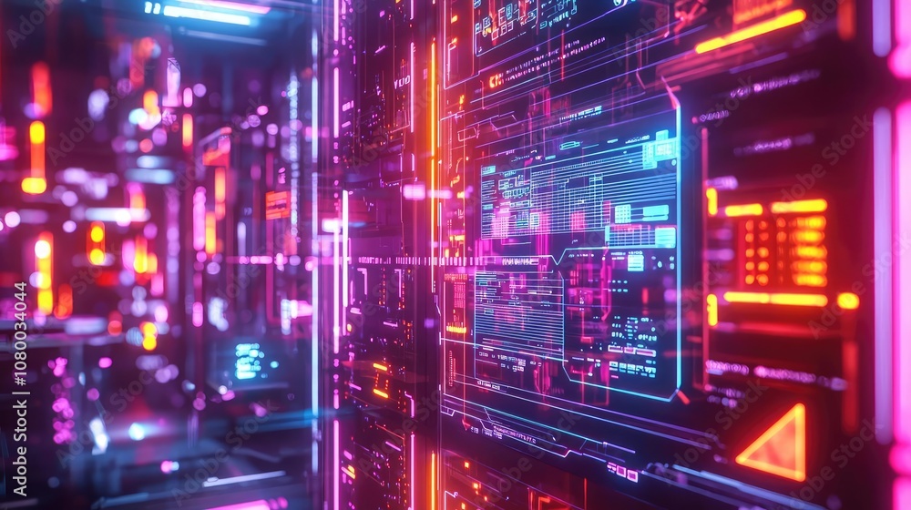 Futuristic digital interface with bright neon colors and intricate patterns. Futuristic digital interface with bright neon colors and intricate patterns.