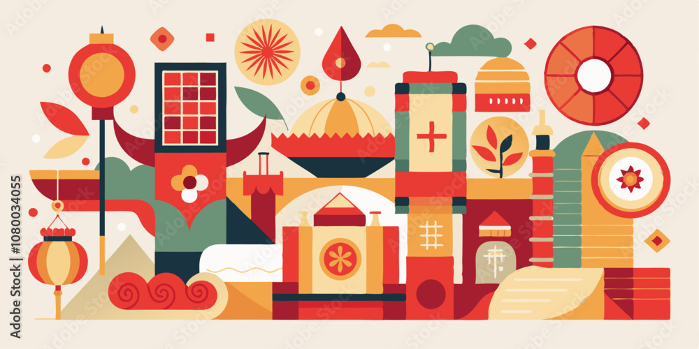 Naklejka premium Abstract minimalist chinese new year design featuring traditional symbols and modern geometric elements
