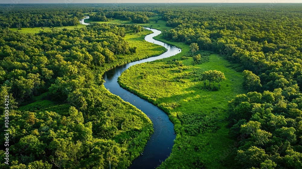 Aerial view of a winding river through lush green forest landscape. Aerial view of a winding river through lush green forest landscape.