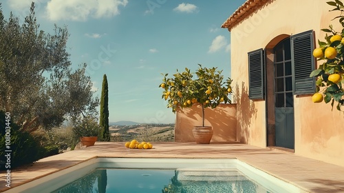 A traditional Mallorcan finca with terracotta walls, an outdoor pool, and lemon trees, overlooking the countryside under a blue sky.