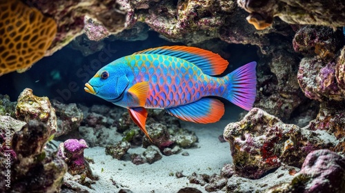 A Colorful Parrotfish Swimming Through Coral Caverns