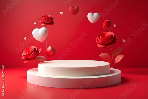 Abstract empty round white podium, hearts and rose flowers floating on red background. Mockup stand for product presentation. 3D Rendering. St Valentines Day Promotion Concept.