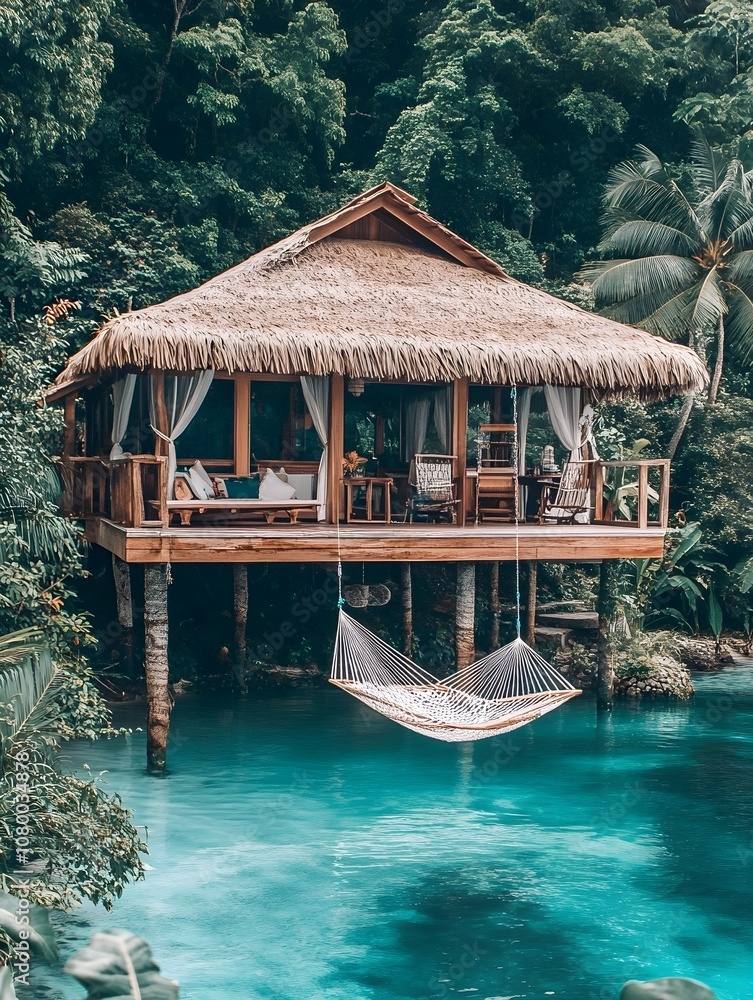 Obraz premium A tropical villa built on stilts above a turquoise lagoon, with a wooden deck, thatched roof, and a hammock over the water.