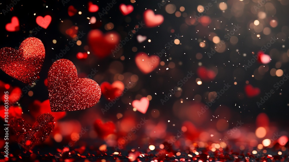 Valentine's day background with red hearts, glitter bokeh, and shiny confetti on black love-themed textured template for cards, christmas, and wedding celebrations Valentine's day background with red hearts, glitter bokeh, and shiny confetti on black love-themed textured template for cards, christmas, and wedding celebrations