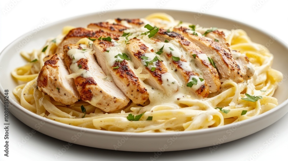 Fototapeta premium A comforting chicken Alfredo pasta with tender chicken breast slices tossed in a creamy Parmesan