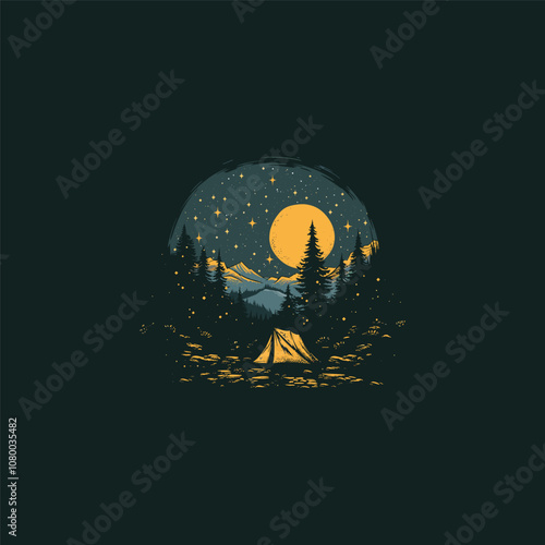 Night camping in the forest logo design vector vintage