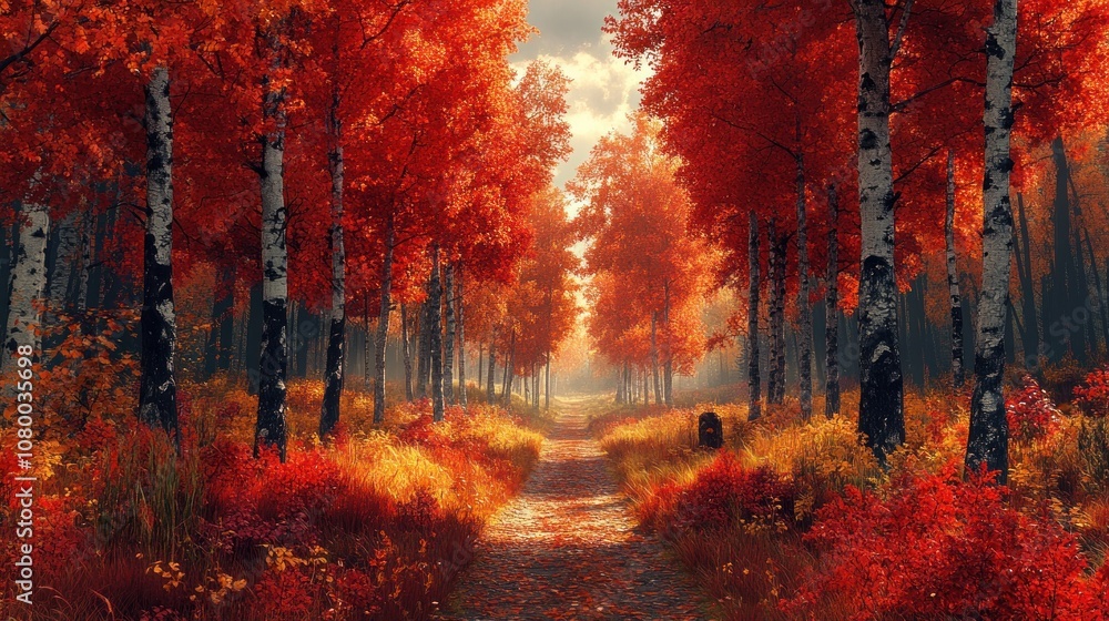 Fototapeta premium A serene autumn forest path with vibrant red foliage.