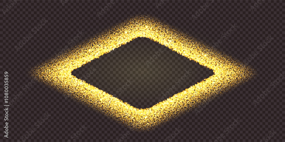 Gold dust diamond shape frame. Splattered golden glitter as a rhombus for award bg. Glitz starry sand sprayed in round shape with empty space inside. Vector illustration with overlay effect Gold dust diamond shape frame. Splattered golden glitter as a rhombus for award bg. Glitz starry sand sprayed in round shape with empty space inside. Vector illustration with overlay effect