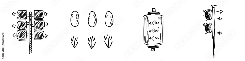 A hand-drawn doodle icon depicting traffic lights and road signals A hand-drawn doodle icon depicting traffic lights and road signals