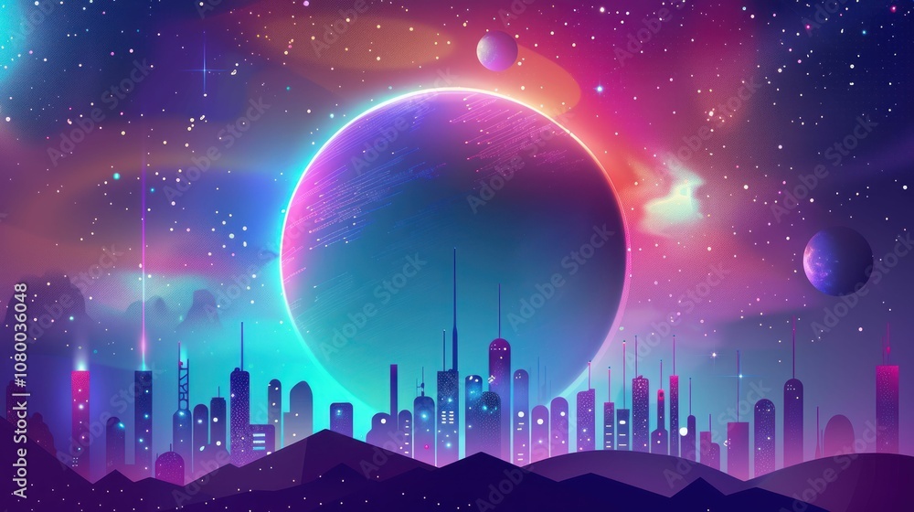 Naklejka premium A vibrant digital landscape featuring a large planet, colorful skies, and futuristic city silhouettes.
