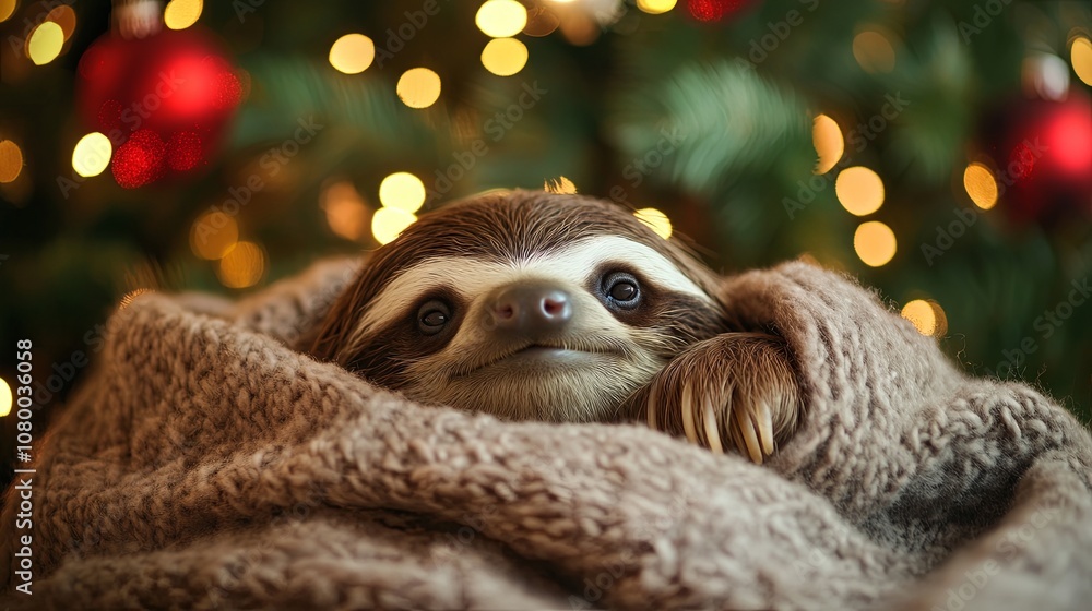 Obraz premium Sloth lying in a blanket near the Christmas tree