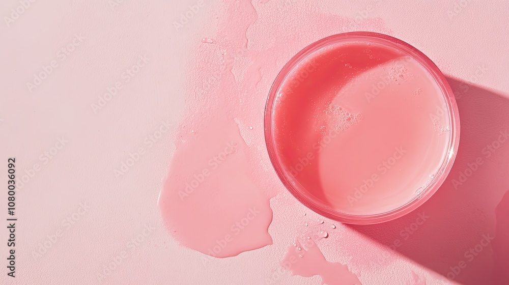 Pink Liquid in a Glass Jar with Spilled Drops on a Pink Background Pink Liquid in a Glass Jar with Spilled Drops on a Pink Background