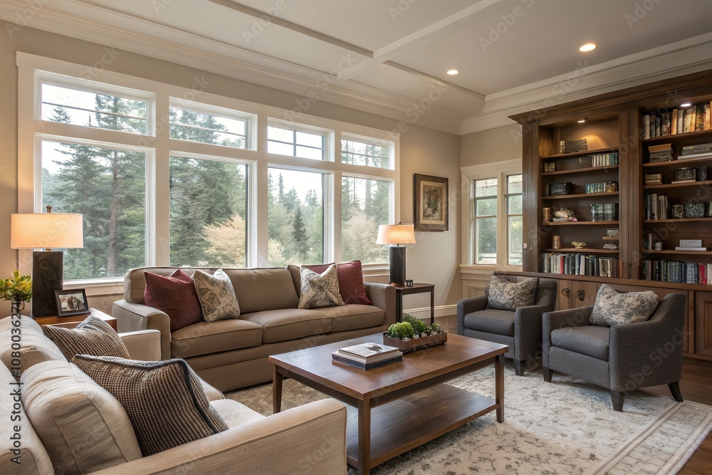 落ち着いたインテリアのリビングルーム | Cozy and Elegant Living Room Interior with Large Windows and Forest View 落ち着いたインテリアのリビングルーム | Cozy and Elegant Living Room Interior with Large Windows and Forest View