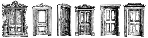 Set of door openings and closings, stages sequence for animation. Entrance, doorway with doorknob locked, unlocked, ajar. Entry and exit in doorframe. Flat modern illustration isolated on white.