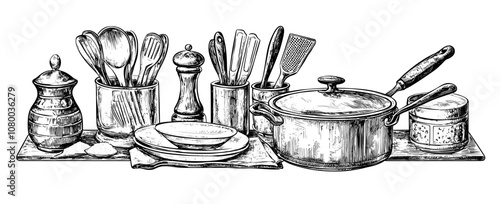 Flat illustration on white background of kitchenware, cooking utensils, kitchen ware, cutlery, saucepans, board, stuff, appliances and equipment.