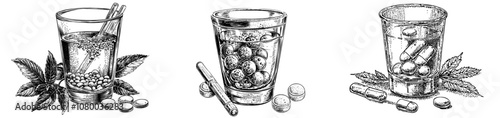 The dissolution of an effervescent pill in a cup of water is illustrated in black and white with simple lines.