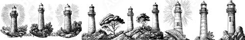 Symbol of navigation safety, tourism. Set of vintage lighthouses in engraving style. Vintage modern illustration for postcard, book, textile design.