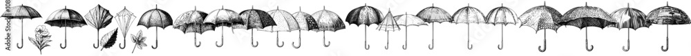 Naklejka premium Various umbrellas with different handles in open, closed, and folded positions. Rain shelter for rainy weather. Isolated flat illustrations on white.