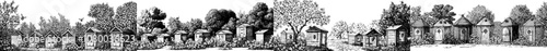 Beehive and flying honeybee. Summer rural landscape. Beehive boxes, garden, meadow flowers for pollination. Apiculture, beekeeping. Flat modern illustration.