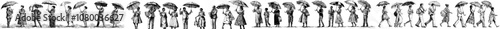 Men and women walking with umbrellas in rainy weather. They hold parasols in warm and cold downpours. Characters walked in the rain. Flat modern illustration isolated on white.