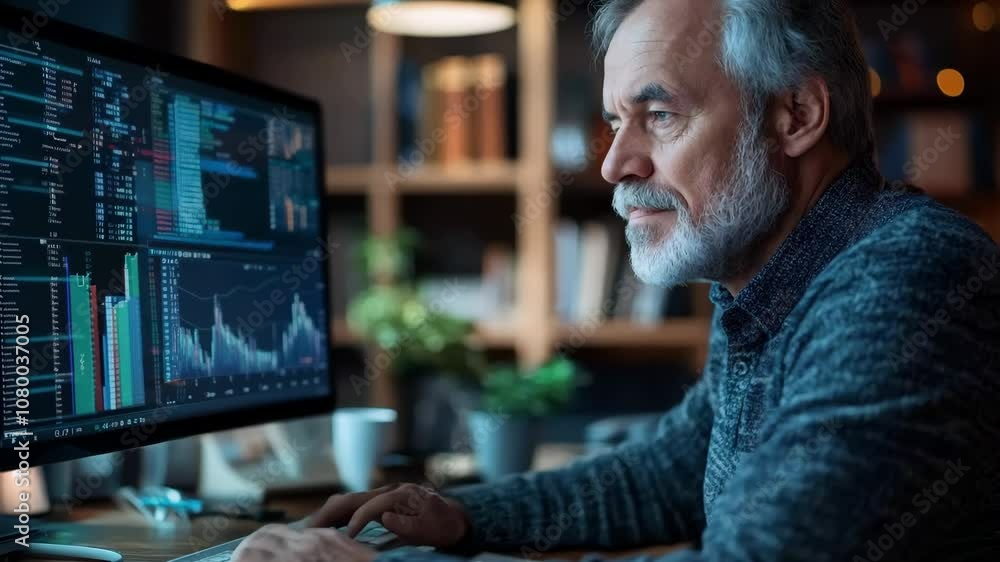 Thoughtful mature man focused on financial data analysis in a cozy office, utilizing technology for investment strategies and stock market insights in a modern workspace Thoughtful mature man focused on financial data analysis in a cozy office, utilizing technology for investment strategies and stock market insights in a modern workspace