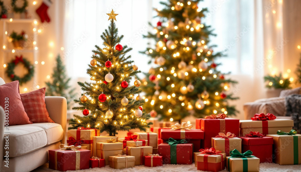 A cozy living room with a decorated Christmas tree, gifts, and festive decorations.
A cozy living room with a decorated Christmas tree, gifts, and festive decorations.