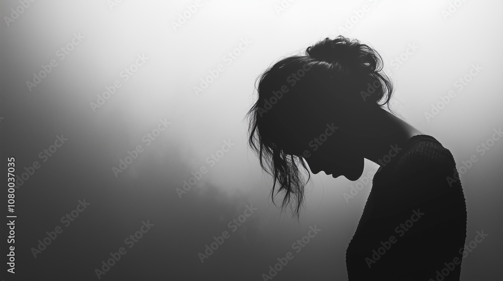A contemplative silhouette of a woman with tousled hair against a soft backdrop of light and shadow during an emotional moment A contemplative silhouette of a woman with tousled hair against a soft backdrop of light and shadow during an emotional moment