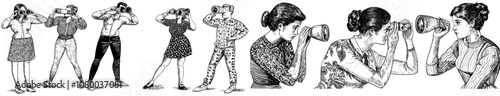 The characters are holding binoculars in their hands as they search for jobs, observe, watch, find, and discover opportunities. This flat graphic illustration is isolated on a white background with a