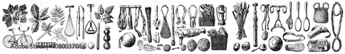 Set of gym equipment, exercise gear, sportswear, athletic bags. Dumbbells, water bottles, fitness mats. Flat graphic illustrations isolated on white background.