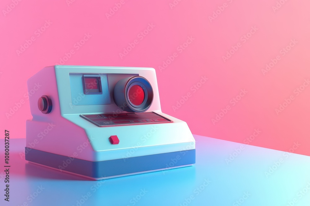 A colorful camera with a lens sits on a background A colorful camera with a lens sits on a background