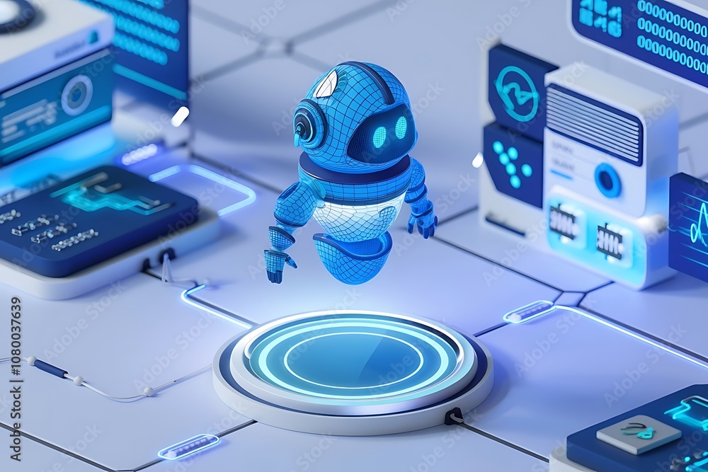 A futuristic digital robot hovers above a glowing platform, set against a backdrop of a futuristic cityscape. A futuristic digital robot hovers above a glowing platform, set against a backdrop of a futuristic cityscape.