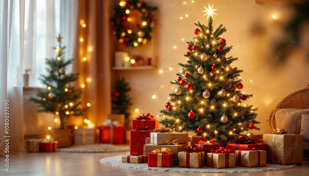 A cozy living room with a decorated Christmas tree, gifts, and festive decorations.
A cozy living room with a decorated Christmas tree, gifts, and festive decorations.