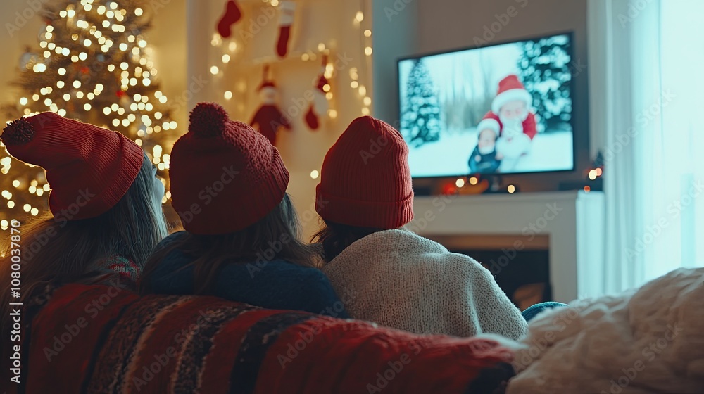 Naklejka premium A family wearing cozy sweaters and Santa hats sits on the couch watching TV in a festive living room