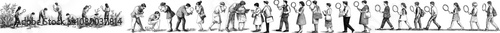 The abstract design illustrates people searching for information with magnifying glasses and binoculars. Curious characters looking through loupe lenses. This is a flat graphic illustration on a