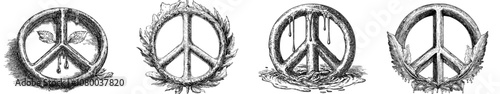 A spray painted graffiti Peace sign in black over white. The drip symbol represents peace. The painting is isolated on a white background.